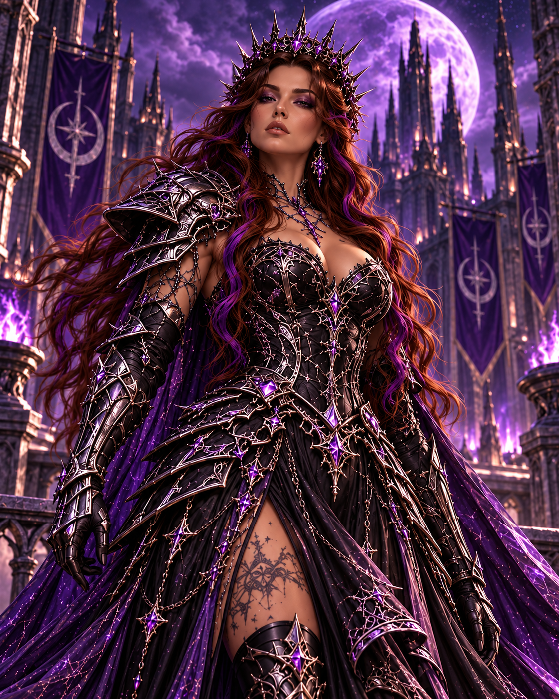 Ashley in her amethyst crown and black-and-silver armor at the Violet Citadel