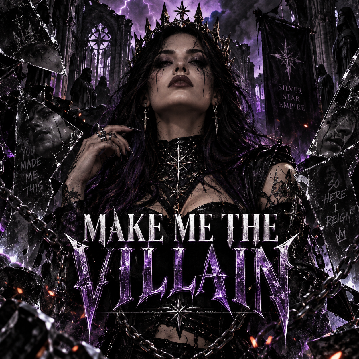 Make Me the Villain cover: a crowned figure surrounded by shattered mirrors in a violet cathedral