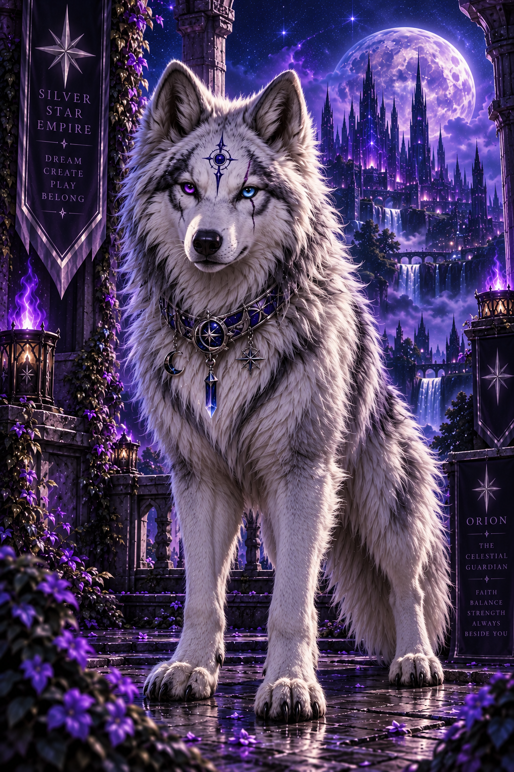 Orion, silver-white dire wolf/Malamute with violet-blue eyes, facial scar, dark markings, celestial accessories and centered forehead sigil