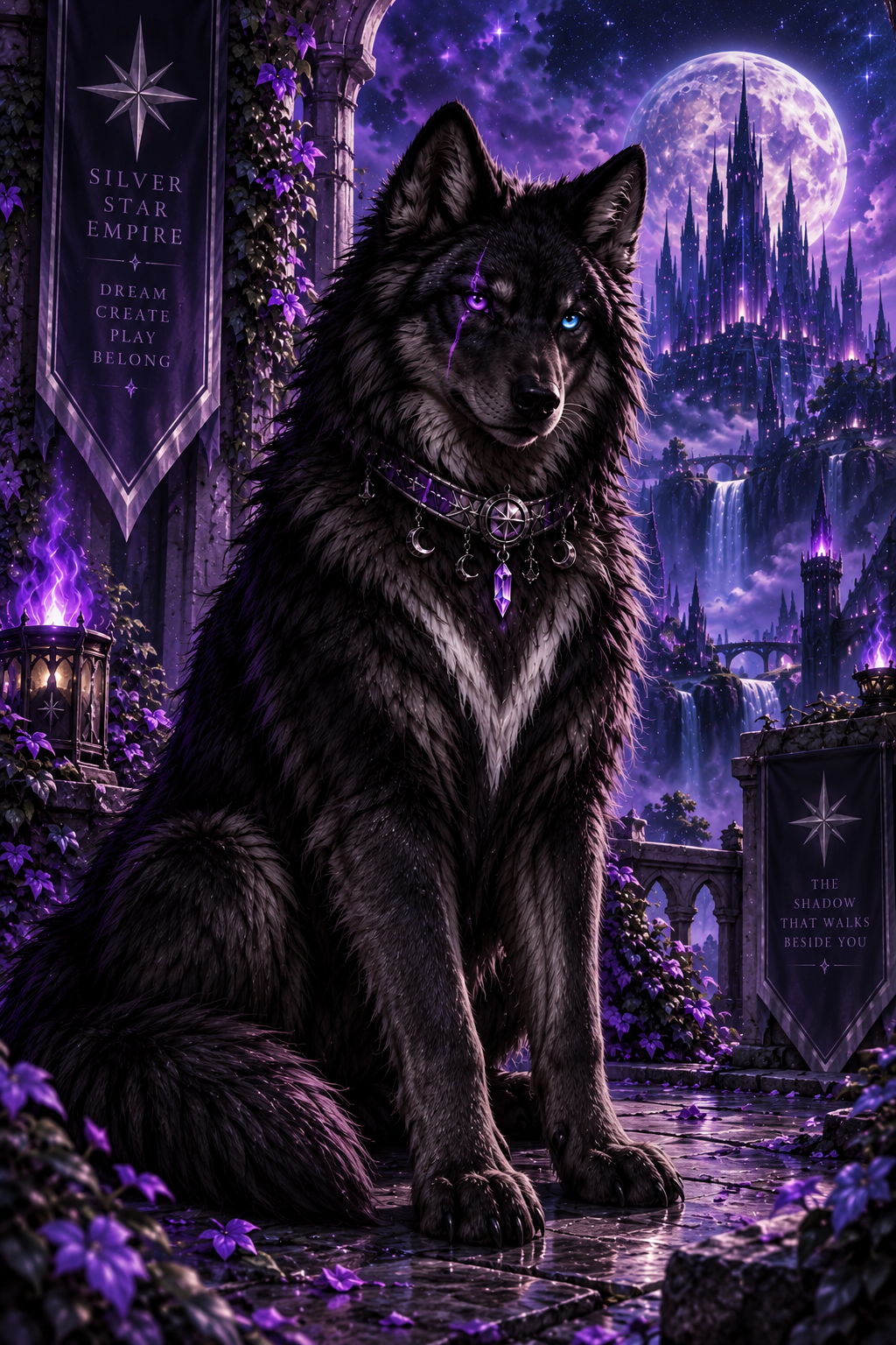 Vesper, black dire wolf/Malamute with purple-blue eyes, scar through her purple eye, white V chest marking and celestial accessories