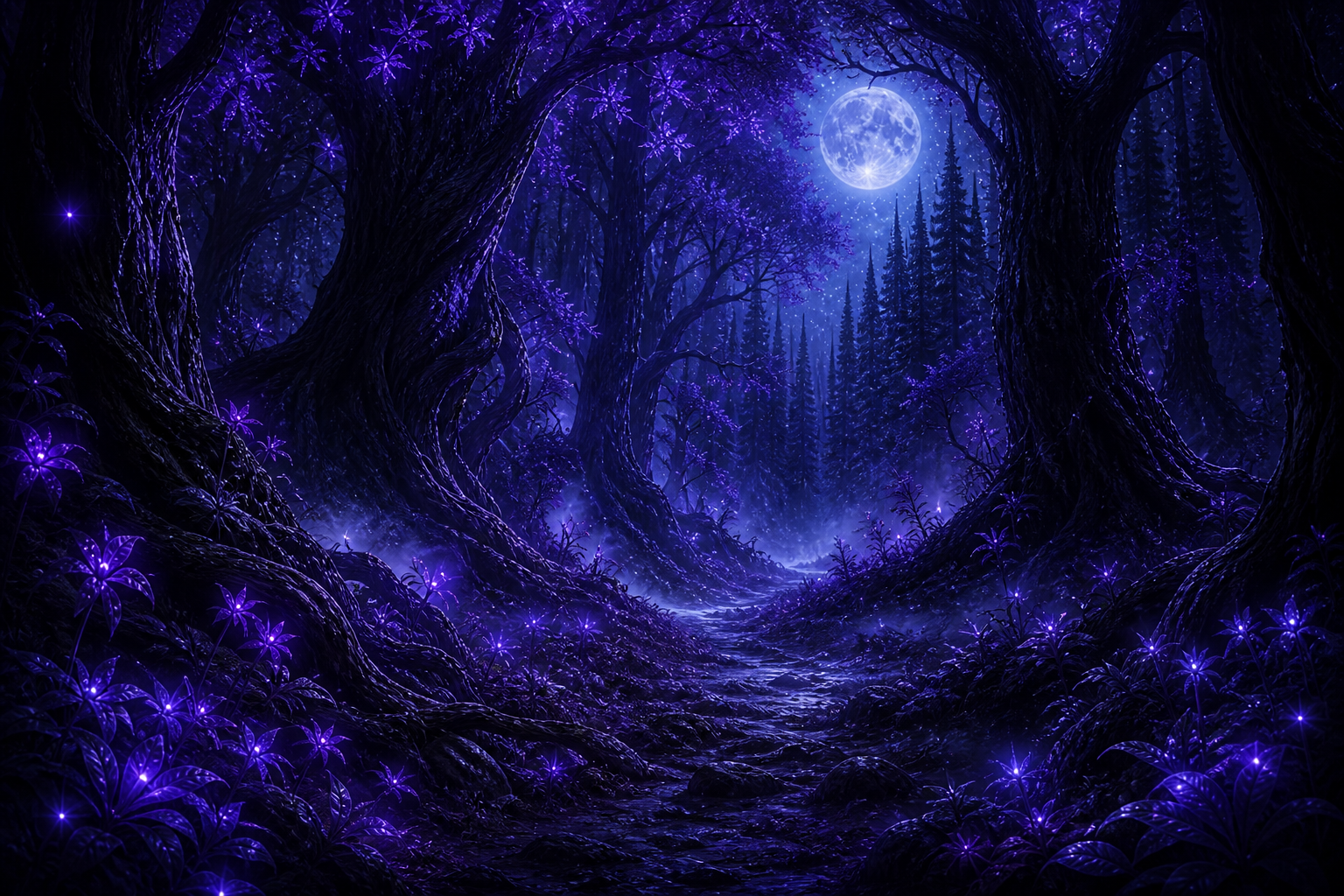 Vesper's Woods under violet moonlight and silver mist
