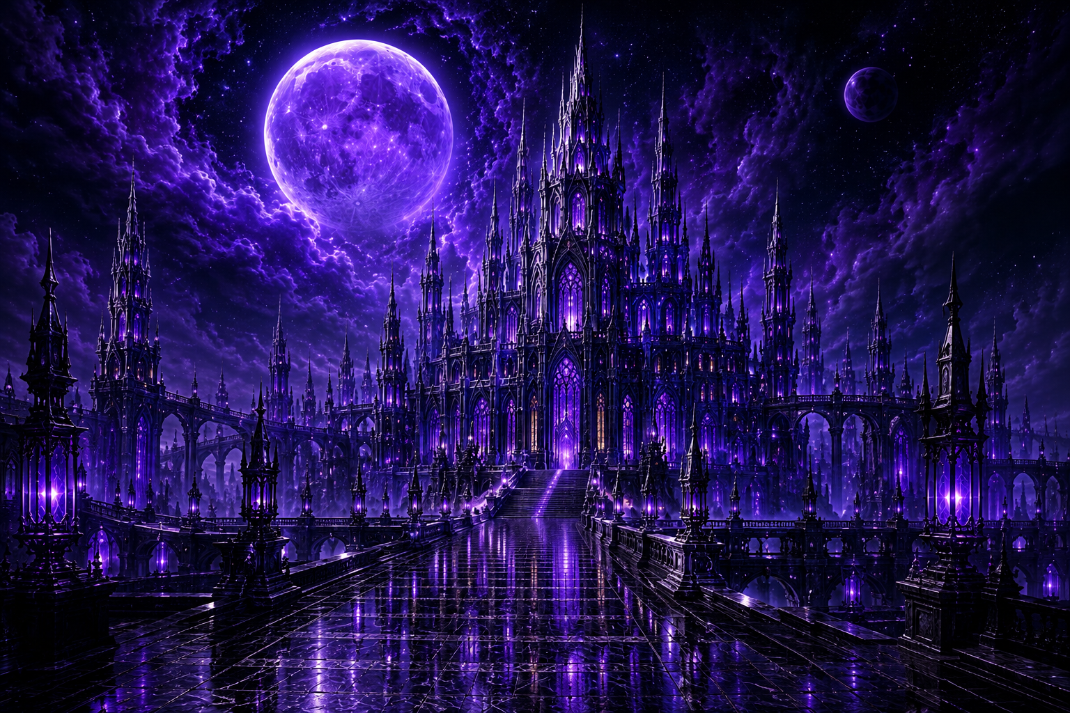 The Violet Citadel beneath a radiant violet moon